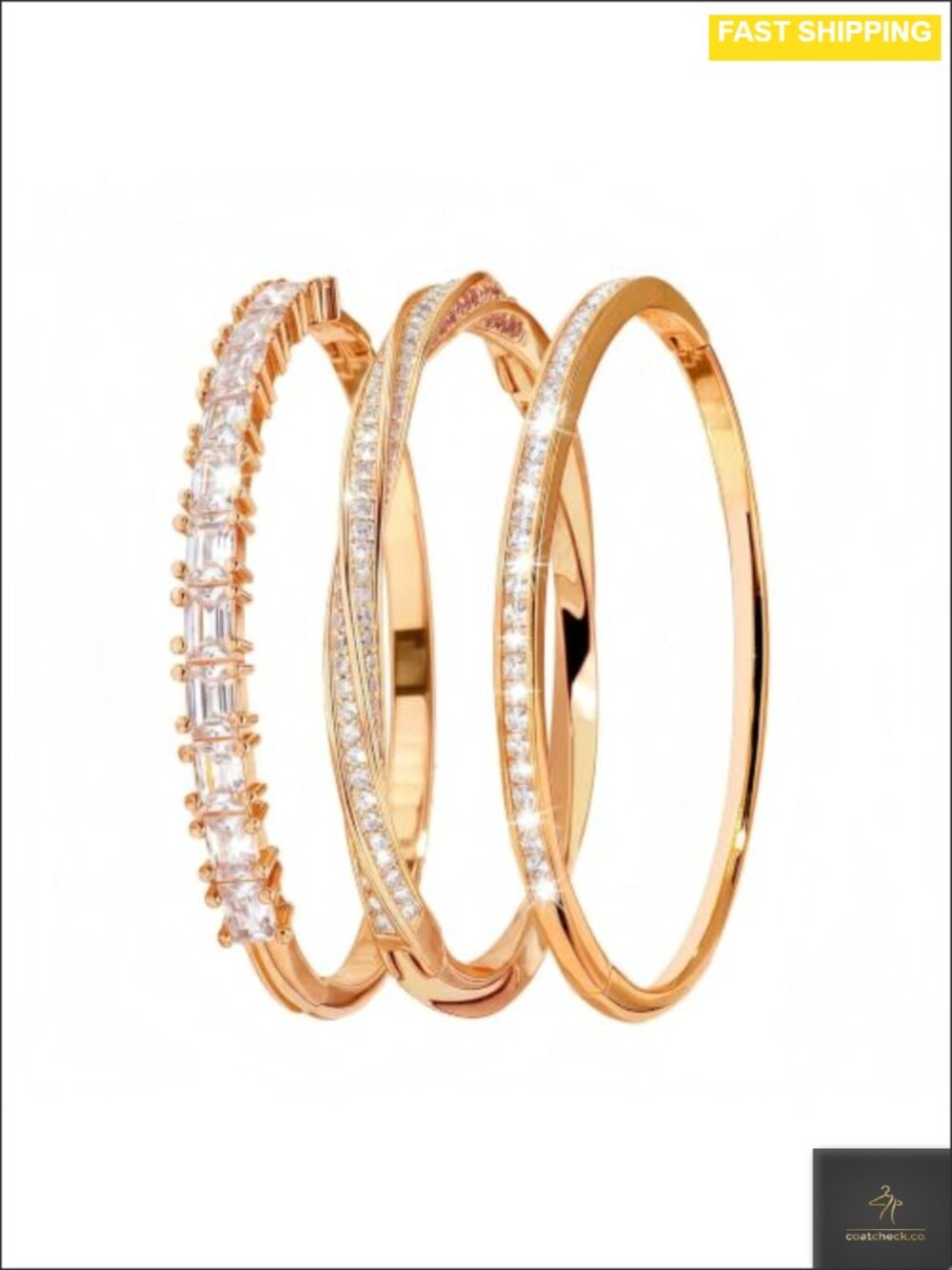 3 Pack Gold Plated Bangle Bracelet Set Dainty CZ Stackable Women